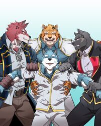  2021 anthro argo_northrop black_body black_fur blue_body blue_fur body_hair canid canine chest_hair chest_tuft clothing diederich_olsen felid fur grantly_bell grausummon group knights_college male mammal pantherine red_body red_fur teacher theo_prinz_von_hirschreich tiger tuft white_body white_fur 