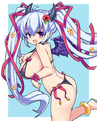  alternate_costume anklet bare_shoulders bikini black_bikini black_horns blue_background blue_hair blush breasts female flower hair_flower hair_ornament hair_ribbon horns jewelry large_breasts long_hair looking_at_viewer miruno_(sennen_sensou_aigis) nemui_(nemui) purple_eyes purple_wings ribbon scrunchie sennen_sensou_aigis simple_background solo standing standing_on_one_leg swimsuit twintails very_long_hair wings wrist_scrunchie 