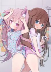  2girls animal_ear_fluff animal_ears arashiya arms_up ass ass-to-ass azur_lane back-to-back bathroom blue_eyes blue_panties blue_shirt blush bone_print breasts brown_hair cartoon_bone cat_ears cat_girl cat_tail commentary_request commission commissioner_upload crescent crescent_hair_ornament dog_ears dog_girl dog_tail ear-to-ear from_side fumizuki_(azur_lane) hair_ornament hairclip heart heart_print indoors intertwined_tails kisaragi_(azur_lane) long_hair looking_at_viewer multiple_girls no_pants panties panty_pull pink_eyes pink_hair pink_panties print_panties print_shirt pulling_own_clothes ribbon rubber_duck shirt short_sleeves side_ponytail skeb_commission small_breasts tail thighs twintails underwear very_long_hair white_shirt 