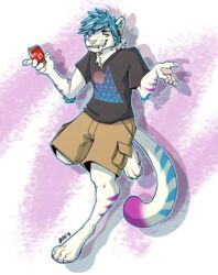  2018 beverage blue_body blue_fur bottomwear can clothing container cup fangs fur geometric kaito_(fizzyteefs) mountain paws purple_body purple_fur sabertooth_(anatomy) shorts slyasafoxibou soda solo synthwave teeth vaporwave 