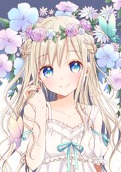  blonde_hair blue_eyes blue_flower blush braid bug butterfly dress female flower french_braid hand_up head_wreath highres looking_at_viewer original purple_flower smile solo tiramisu651 upper_body white_dress white_flower 