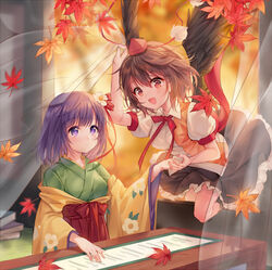  2girls :d arm_up autumn_leaves black_hair black_skirt blush book bow bowtie breasts commentary curtains floral_print flower green_kimono hair_between_eyes hair_flower hair_ornament hair_ribbon hakama hakama_skirt hat hieda_no_akyuu japanese_clothes kimono leaf_print long_sleeves looking_at_another medium_breasts miniskirt multiple_girls neck_ribbon off_shoulder open_mouth petticoat pf pom_pom_(clothes) puffy_short_sleeves puffy_sleeves purple_eyes purple_hair red_bow red_bowtie red_eyes red_hakama red_ribbon ribbon shameimaru_aya shirt short_hair short_sleeves skirt smile table tokin_hat touhou upper_body white_flower white_shirt wide_sleeves yellow_kimono 