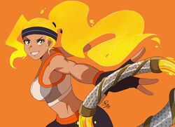  black_pants blonde_hair commentary_request crop_top energy_hair female fingerless_gloves gloves green_eyes headband highres jacinth_peters long_hair looking_at_viewer midriff nintendo orange_background outstretched_arms pants ponytail ring_fit_adventure ring_fit_trainee ring_fit_trainee_(female) signature simple_background smile solo sports_bra upper_body white_sports_bra 