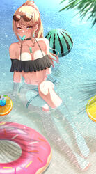  barefoot bikini blonde_hair breasts chest_jewel female food fruit highres large_breasts legs long_hair mebi_il mythra_(xenoblade) off-shoulder_bikini off_shoulder partially_submerged ponytail solo swept_bangs swimsuit very_long_hair water watermelon xenoblade_chronicles_(series) xenoblade_chronicles_2 yellow_eyes 