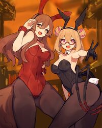  2girls animal_ears arthropod_girl bare_arms bare_shoulders black_gloves black_legwear blonde_hair breasts collarbone commentary_request glasses gloves hair_bun lansane long_hair medium_breasts monster_girl multiple_girls navel open_mouth original pantyhose pink_eyes playboy_bunny rabbit_ears rabbit_tail short_hair single_hair_bun smile spider_girl tail thick_thighs thighs tsana_(lansane) yellow_eyes 