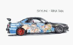  blonde_hair car character_name copyright_name decal female from_side graphite_(medium) idolmaster idolmaster_cinderella_girls itasha logo motor_vehicle nissan nissan_skyline nissan_skyline_gt-r nissan_skyline_r34 pandagtapex race_vehicle racecar spoiler_(automobile) sports_car tada_riina traditional_media vehicle_focus vehicle_name white_background 