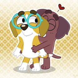  1:1 anthro beagle big_glasses bird_dog bluey_(series) brown_body brown_fur canid canine canis closed_eyes cocker_spaniel domestic_dog duo eyewear female fur glasses heart_symbol honey_(bluey) hug humor hunting_dog inklingbear_(artist) joke lolicon looking_back mammal round_glasses scent_hound smile source_request spaniel unavailable_at_source white_body white_fur winnie_(bluey) yellow_body yellow_fur young 