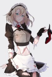  apron armor armored_dress black_gloves black_pantyhose blonde_hair commentary dress female fingerless_gloves g36_(girls&#039;_frontline) g36_(mod3)_(girls&#039;_frontline) girls&#039;_frontline gloves green_eyes grey_background hair_between_eyes hairband high_heels highres looking_at_viewer maid maid_headdress medium_hair mud neck_ribbon pantyhose qb_516 red_ribbon ribbon scratches shirt solo stomach torn_apron torn_clothes torn_dress torn_pantyhose white_apron white_shirt 