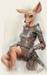  2021 5:8 5_fingers anthro armor assasinmonkey biped breasts clothed clothing deer digital_media_(artwork) digital_painting_(artwork) eyebrows eyelashes female fingers green_eyes hi_res looking_at_viewer mammal melee_weapon solo sword weapon 