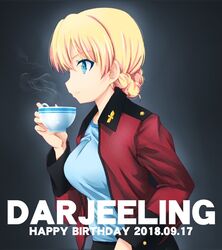  black_background blonde_hair blue_eyes braid character_name commentary cup darjeeling_(girls_und_panzer) dated epaulettes female fujimaru_arikui girls_und_panzer holding holding_cup jacket leaning_forward long_sleeves looking_to_the_side military military_uniform open_clothes open_jacket red_jacket short_hair solo st._gloriana&#039;s_military_uniform steam teacup tied_hair uniform 