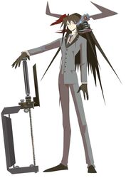  1boy black_footwear black_gloves black_hair formal full_body gloves grey_jacket grey_pants grey_suit hacksaw jacket long_hair long_sleeves male_focus miki_0 original pants red_eyes saw shoes simple_background solo standing suit suit_jacket white_background 