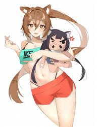  :d animal_ears aqua_shirt bare_shoulders bikini bikini_under_clothes black_bikini breasts brown_hair character_doll commentary commission cowboy_shot crop_top crop_top_overhang cropped_shirt crying_eye dolphin_shorts english_commentary female finger_heart halterneck hand_up highleg highleg_bikini highres hugging_doll hugging_object karyl_(princess_connect!) long_hair looking_at_viewer medium_breasts midriff navel open_mouth orange_eyes original park_bokja ponytail princess_connect! red_shorts revealing_clothes shirt short_shorts shorts side_slit simple_background smile solo squirrel_ears stomach string_bikini swimsuit thighs underboob very_long_hair white_background 