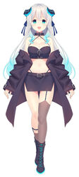  :d asymmetrical_legwear bare_shoulders belt black_footwear black_jacket black_skirt blue_eyes blue_hair blue_ribbon boots breasts cleavage collar collarbone commentary_request crop_top cross-laced_footwear demon_horns female full_body garter_straps gradient_hair hair_ribbon halterneck highleg highres horns jacket kusumoto_shizuru lace-up_boots large_breasts long_hair long_sleeves looking_at_viewer midriff miniskirt mismatched_legwear multicolored_hair navel off_shoulder open_clothes open_jacket open_mouth original pencil_skirt ribbon side_slit silver_hair simple_background single_thighhigh skirt sleeveless smile solo standing stomach thighhighs two-tone_hair white_background 