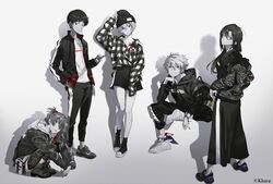  2boys 3girls arm_up ayanami_rei bag beanie blue_eyes boots casual closed_mouth collarbone commentary_request expressionless fashion glasses greyscale group_picture hair_ornament hand_in_pocket hand_up hat head_rest headphones highres holding holding_phone hood hoodie ikari_shinji invisible_chair jacket jacket_on_shoulders leggings light_smile long_hair looking_at_viewer makinami_mari_illustrious monochrome multiple_boys multiple_girls nagisa_kaworu neon_genesis_evangelion official_art own_hands_together pants pantyhose pantyhose_under_shorts phone plaid plaid_shirt print_jacket print_leggings radio_eva rebuild_of_evangelion red_eyes shadow shirt shoes short_hair shorts sitting skirt smile sneakers socks souryuu_asuka_langley spot_color squatting standing streetwear studio_khara sweater tongue tongue_out track_jacket track_pants turtleneck turtleneck_sweater wristband yoneyama_mai 