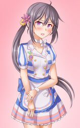  akebono_(kancolle) anti_(untea9) apron bell blush choker collarbone commentary_request cosplay cowboy_shot female flower gradient_background hair_bell hair_flower hair_ornament highres hishi_akebono_(umamusume) hishi_akebono_(umamusume)_(cosplay) jingle_bell kantai_collection long_hair looking_at_viewer name_connection open_mouth pink_background puffy_short_sleeves puffy_sleeves purple_eyes purple_hair short_sleeves side_ponytail solo umamusume very_long_hair waist_apron white_choker 