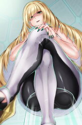  ass bare_shoulders blonde_hair blush commentary_request crossed_legs dress eyes_visible_through_hair female from_below glass_chair green_eyes green_nails hair_over_one_eye hands_on_own_knee highres hikari_(komitiookami) legs long_hair looking_at_viewer looking_down lusamine_(pokemon) md5_mismatch nail_polish open_mouth own_hands_together pokemon pokemon_sm resolution_mismatch short_dress sitting smile solo source_smaller teeth thighs transparent_seat upper_teeth_only very_long_hair white_dress 