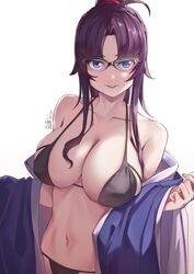  adashino_hishiri ahoge bare_shoulders black_bra black_panties blue_kimono blush bra breasts collarbone commentary_request dated fate_(series) female glasses hair_over_breasts highres japanese_clothes kimono large_breasts lips lipstick long_hair looking_at_viewer lord_el-melloi_ii_case_files makeup navel off_shoulder over-rim_eyewear panties parted_lips ponytail purple_eyes purple_hair semi-rimless_eyewear shiroi_ume sidelocks signature solo underwear undressing white_background 