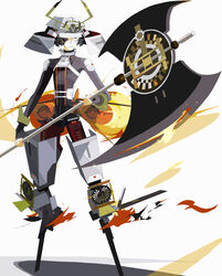  1boy armor axe black_hair commentary cyborg fire full_body hair_over_one_eye helmet holding holding_axe japanese_armor kabuto_(helmet) male_focus miki_0 no_feet original shadow short_hair solo standing symbol-only_commentary white_background 