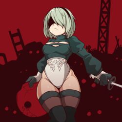  2b_(nier:automata) absurdres black_blindfold black_gloves black_hairband blindfold breasts cleavage cleavage_cutout closed_mouth clothing_cutout covered_eyes female gloves grey_hair hairband highleg highleg_leotard highres hip_bones holding holding_sword holding_weapon juliet_sleeves katana left-handed leotard long_sleeves machine_(nier) medium_breasts mole mole_under_mouth nier:automata nier_(series) puffy_sleeves purple_thighhighs red_background sakumochi_(pixiv4431677) short_hair skindentation solo standing sword thighhighs thighs turtleneck weapon white_leotard 