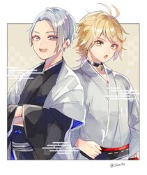  2boys :d bell blonde_hair blue_eyes chiro_(chi-bu-ko) collar egasumi grey_hair hands_in_opposite_sleeves highres japanese_clothes kimono male_focus multiple_boys nansen_ichimonji neck_bell open_mouth smile touken_ranbu twitter_username yamanbagiri_chougi yellow_eyes yukata 