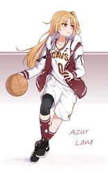  absurdres alternate_costume azur_lane bad_id bad_pixiv_id ball basketball basketball_(object) basketball_uniform bling blonde_hair chinese_commentary cleveland_(azur_lane) cleveland_cavaliers collarbone commentary_request cosplay deal_with_it_(meme) determined dribbling_(basketball) earrings female full_body hair_ornament hair_scrunchie highres hood hoodie jewelry kevin_love kevin_love_(cosplay) knee_pads long_hair long_sleeves looking_to_the_side mango_(mgo) meme name_connection national_basketball_association necklace nike_(company) one_side_up parted_lips red_eyes scrunchie shoes shorts sneakers solo sportswear sunglasses trait_connection 