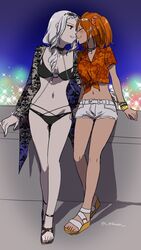  2girls carmilla_(fate) carmilla_(swimsuit_rider)_(fate) carmilla_(swimsuit_rider)_(third_ascension)_(fate) choker closed_eyes commentary_request cross cross_choker cross_earrings earrings eyewear_on_head fate/grand_order fate_(series) floral_print fujimaru_ritsuka_(female) fujimaru_ritsuka_(female)_(tropical_summer) hair_ornament hair_scrunchie hibiscus_print highres imminent_kiss jacket jewelry midriff multiple_girls navel necklace official_alternate_costume open_clothes open_jacket orange_hair pearl_necklace red_eyes sandals scrunchie sekihara_umina short_shorts shorts sunglasses twitter_username white_hair yuri 