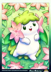  2021 absurd_res ambiguous_gender chibifur daww digital_media_(artwork) featureless_crotch feral flower flower_(anatomy) generation_4_pokemon gracidea_flower grass green_eyes head_flower hi_res kemono land_forme_shaymin leaf legendary_pokemon looking_at_viewer lying nintendo nude on_back open_mouth open_smile outside plant pokemon pokemon_(species) pyritie shaymin smile solo text url white_body 