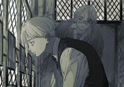  1boy bad_id bad_pixiv_id bags_under_eyes closed_mouth collared_shirt dark draco_malfoy female frown ghost glasses harry_potter_(series) harry_potter_and_the_deathly_hallows hogwarts_school_uniform hunched_over indoors ko_me_k long_hair long_sleeves looking_at_another mirror monochrome myrtle_warren necktie school_uniform shirt striped striped_necktie sweater_vest transparent twintails upper_body window wizarding_world 