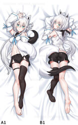  ahoge animal_ears asymmetrical_legwear barefoot bed_sheet black_shorts black_thighhighs blush dakimakura_(medium) detached_sleeves feet female fox_ears fox_girl fox_tail from_above full_body green_eyes hair_between_eyes highres hololive long_hair long_sleeves looking_at_viewer looking_back lying midriff multiple_views navel on_back on_stomach ribbon-trimmed_sleeves ribbon_trim salyut shirakami_fubuki shirakami_fubuki_(1st_costume) short_shorts shorts single_thighhigh soles stomach tail thighhighs toes very_long_hair virtual_youtuber white_hair white_sleeves 