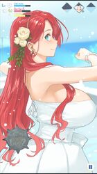  alternate_costume beach blue_eyes blue_sky boudica_(fate) boudica_(third_ascension)_(fate) bracelet breasts bride commentary_request day dress earrings fate/grand_order fate_(series) female flower from_side hair_flower hair_ornament huge_breasts jewelry long_hair looking_to_the_side ocean red_hair shoe-ji sky smile solo water wedding_dress white_dress 