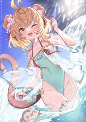  &gt;_&lt; :d ;d ahoge andira_(granblue_fantasy) andira_(summer)_(granblue_fantasy) animal animal_ears aqua_innertube aqua_one-piece_swimsuit ass_visible_through_thighs bare_shoulders blonde_hair blue_sky blush brown_ribbon cameltoe cloud cloudy_sky collarbone commentary covered_navel cowboy_shot day double_bun erune fanbox_username female flat_chest flower granblue_fantasy groin hair_bun hair_flower hair_ornament hair_strand hand_up highleg highleg_swimsuit highres innertube light_rays long_sleeves looking_at_viewer monkey monkey_ears monkey_girl monkey_tail official_alternate_costume one-piece_swimsuit one_eye_closed open_mouth orange_eyes outdoors palm_tree ribbon see-through short_hair signature sky smile solo splashing standing sunbeam sunlight swim_ring swimsuit tail teeth thigh_gap thigh_strap thighs tree twitter_username upper_teeth_only wading water water_drop web_address wet wet_clothes wrist_ribbon yellowpaint. 