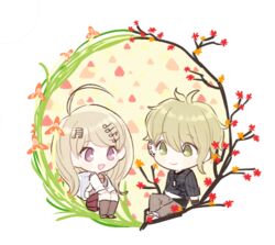  1boy ahoge akamatsu_kaede amami_rantarou backpack bag blonde_hair danganronpa duo fc female green_eyes green_hair hair_ornament hairclip jewelry matching_hair/eyes miniskirt musical_note musical_note_hair_ornament necklace necktie new_danganronpa_v3 pants purple_eyes school_uniform shirt shoes short_hair skirt smile socks striped striped_shirt sweater sweater_vest tie uniform 