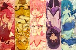  5girls akemi_homura akemi_homura_(magical_girl) arms_up ayano_(hmtcafe) bare_shoulders black_hair blonde_hair blue_eyes blue_hair character_name column_lineup commentary_request compilation copyright_name gloves kaname_madoka kaname_madoka_(magical_girl) long_hair magical_girl mahou_shoujo_madoka_magica mahou_shoujo_madoka_magica_(anime) miki_sayaka miki_sayaka_(magical_girl) mouth_hold multiple_girls pantyhose pink_eyes pink_hair purple_eyes purple_skirt red_eyes red_hair sakura_kyoko sakura_kyoko_(magical_girl) skirt strapless thighhighs tomoe_mami tomoe_mami_(magical_girl) upside-down white_gloves yellow_eyes 