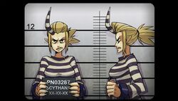  alex_ahad breasts cuffs female giant giantess green_eyes height_chart holding holding_sign horns large_breasts long_hair mugshot ponytail prison_clothes scythana shackles sharp_teeth shirt sign single_horn skullgirls solo striped_clothes striped_shirt teeth 