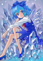  adapted_costume ama-tou blue_bow blue_dress blue_eyes blue_hair bow cirno commentary_request dress female foxfactory hairbow high_heels highres legs light_smile looking_at_viewer nail_polish neck_ribbon no_socks red_ribbon ribbon shoes short_hair sitting smile solo touhou wings 