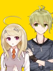  1boy ahoge akamatsu_kaede amami_rantarou backpack bag blonde_hair danganronpa duo fc female green_eyes green_hair hair_ornament hairclip jewelry long_hair matching_hair/eyes musical_note musical_note_hair_ornament necklace necktie new_danganronpa_v3 piercing purple_eyes school_uniform shirt short_hair smile striped striped_shirt sweater sweater_vest tie uniform 