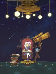  astronomy blush book chair dress female gear gears girl highres lolicon long_hair open_mouth original ponytail red_eyes sitting solo star telescope throne white_hair wink 