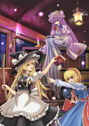  3girls alice_margatroid barefoot blonde_hair blue_eyes commentary_request crescent hat kirisame_marisa long_hair magic multiple_girls open_mouth patchouli_knowledge photoshop_(medium) purple_eyes purple_hair short_hair sitting smile teasing the_hermit touhou witch_hat yellow_eyes 