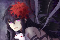  :d akemi_homura akuma_homura bare_shoulders black_dress black_gloves black_hair choker commentary_request dress elbow_gloves feathered_wings female flower gloves grin hair_flower hair_ornament head_rest highres kyuubee long_hair looking_at_another looking_at_viewer mahou_shoujo_madoka_magica mahou_shoujo_madoka_magica:_hangyaku_no_monogatari oerba_yun_fang open_mouth purple_eyes smile spider_lily spoilers vermeith wings 