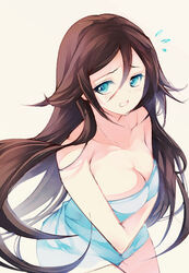  babu523 bare_shoulders blue_eyes blush breast_hold breasts brown_hair cleavage collarbone commentary_request cowboy_shot embarrassed female flying_sweatdrops hair_between_eyes hair_flaps izumi_reina large_breasts long_hair looking_at_viewer musaigen_no_phantom_world naked_towel open_mouth simple_background solo towel very_long_hair 