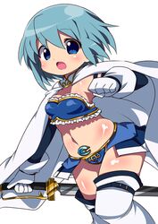  adapted_costume bad_id bad_pixiv_id bikini blue_eyes blue_hair blush cape female gloves magical_girl mahou_shoujo_madoka_magica mahou_shoujo_madoka_magica_(anime) meiro_(yuu) midriff miki_sayaka miki_sayaka_(magical_girl) navel open_mouth shiny short_hair simple_background solo swimsuit sword thighhighs weapon white_gloves 