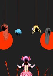  5girls absurdres akemi_homura black_background bow_(weapon) commentary_request drill_hair gun hairband highres kaname_madoka kaname_madoka_(magical_girl) long_hair magical_girl magical_musket mahou_shoujo_madoka_magica mahou_shoujo_madoka_magica_(anime) miki_sayaka misuzu321 multiple_girls polearm rifle sakura_kyoko severed_head short_hair short_twintails simple_background sword tomoe_mami tomoe_mami_(magical_girl) twintails weapon 