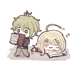  1boy ahoge akamatsu_kaede amami_rantarou blonde_hair book danganronpa duo fc female green_eyes green_hair hair_ornament long_hair matching_hair/eyes miniskirt musical_note musical_note_hair_ornament new_danganronpa_v3 pants school_uniform shirt shoes skirt sleeping striped striped_shirt uniform 