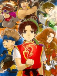  2girls 4boys armor bandana bandana blonde_hair blue_eyes brown_eyes brown_hair cleo closed_eyes dagger female flik gensou_suikoden gensou_suikoden_i gloves green_eyes headband long_hair luc male maru-pan marupan multiple_boys multiple_girls open_mouth pixiv_manga_sample short_hair shoulder_pads suikoden suikoden_i sword tir_mcdohl valeria_(suikoden) viktor weapon wristband 