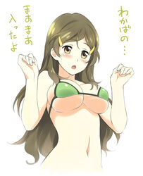  :o bikini blush breasts brown_eyes brown_hair commentary_request female green_bikini hair_ornament hairclip korisei large_breasts long_hair navel shinomiya_himawari swimsuit translated vividred_operation 