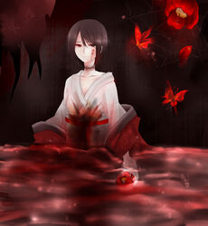  bad_id bad_pixiv_id blood blood_on_clothes blood_on_face bug butterfly fatal_frame fatal_frame_2 female flower ghost highres japanese_clothes kimono kurosawa_sae kurozatou_owata right-over-left_kimono short_hair solo tears white_kimono 