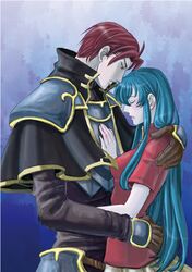  aqua_hair armor blue_hair blush bracelet closed_eyes couple eirika fire_emblem fire_emblem:_seima_no_kouseki fire_emblem_sacred_stones gloves hug jewelry knight long_hair love princess red_eyes red_hair see-through seth short_hair skirt 