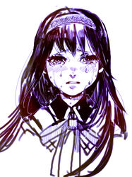  akemi_homura akemi_homura_(magical_girl) commentary_request crying crying_with_eyes_open female hairband long_hair looking_at_viewer magical_girl mahou_shoujo_madoka_magica mahou_shoujo_madoka_magica_(anime) monochrome photoshop_(medium) portrait purple_eyes simple_background solo tears teko_(tawake) white_background 