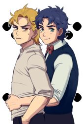  2boys birthmark blonde_hair blue_eyes blue_hair commentary_request dio_brando ear_birthmark hug hug_from_behind jojo_no_kimyou_na_bouken jonathan_joestar morphin_e multiple_boys phantom_blood red_eyes 