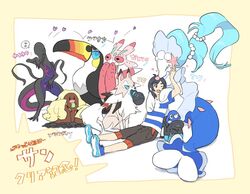  2016 alolan_dugtrio alolan_form asterozoan black_hair blue_hair echinoderm elio_(pokemon) female generation_7_pokemon group hair hug human lurantis lycanroc male mammal marine midday_lycanroc nintendo pinniped pokemon pokemon_(species) popplio primarina regional_form_(pokemon) salazzle starfish starfish_(accessory) tattanbu toucannon 